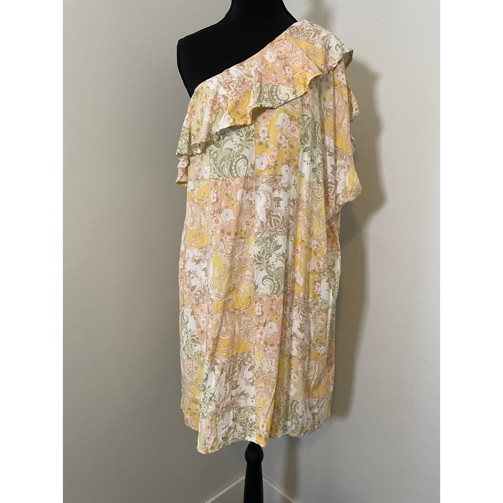 Emily Wonder Dress Sz 3X Yellow Sage Paisley Floral Patchwork One Shoulder Boho